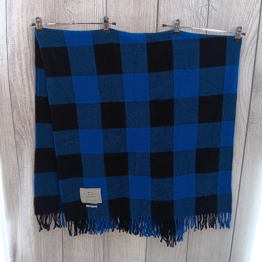 Woolrich Blanket Blue Black Buffalo Check Plaid Wool Throw Made in Italy Fringe